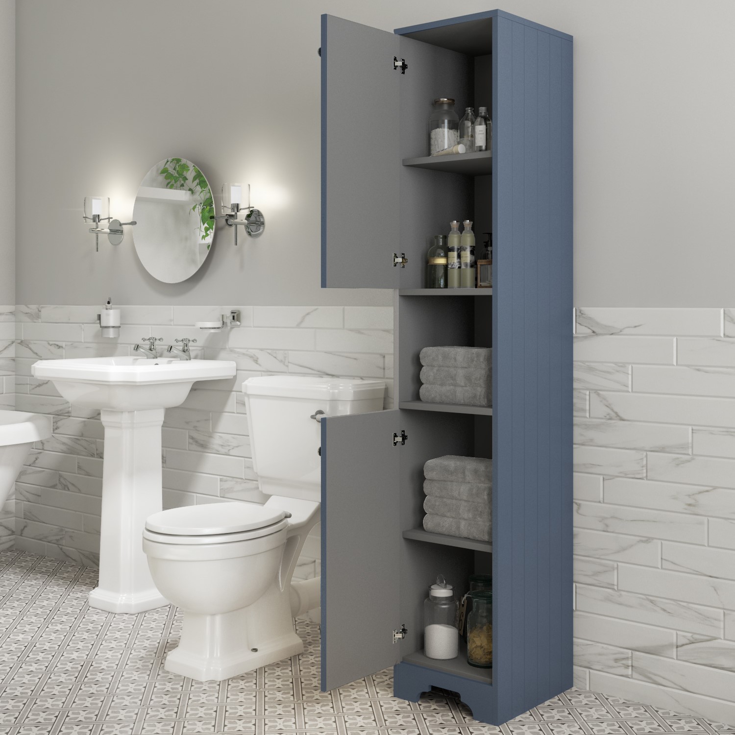 Traditional Tall Boy Bathroom Cabinet Doors Shelves Matt Blue Baxenden Beba 24985 Appliances Direct Traditional Tall Boy Bathroom Cabinet Doors Shelves Matt Blue Baxenden Beba 24985 Appliances Direct