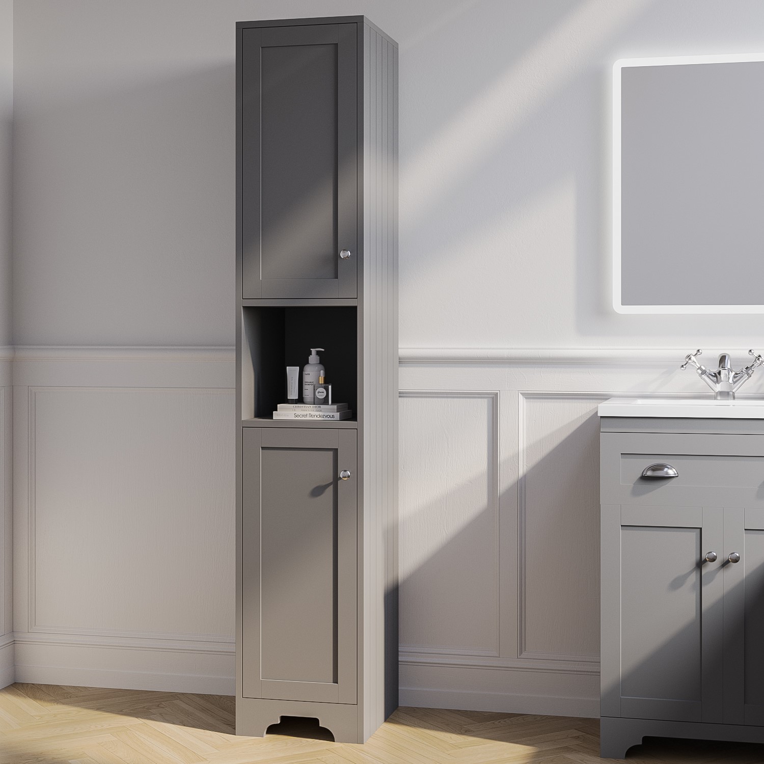 Grey Freestanding Tall Bathroom Cabinet 350mm - Baxenden