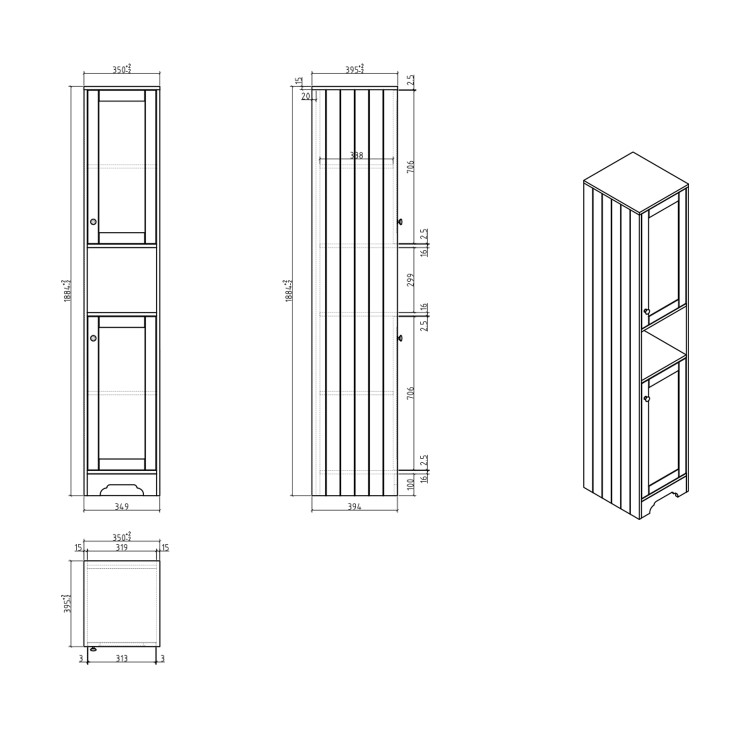 Double Door Grey Freestanding Tall Bathroom Cabinet 350 x 1884mm- Baxenden