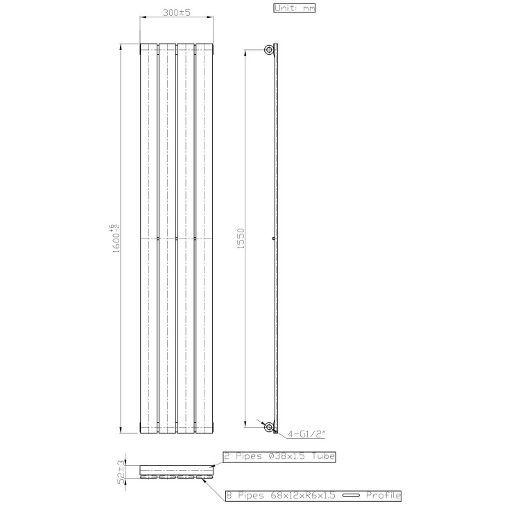 GRADE A2 - 1600mm x 300mm Single Panel Anthracite Vertical Radiator - Mojave