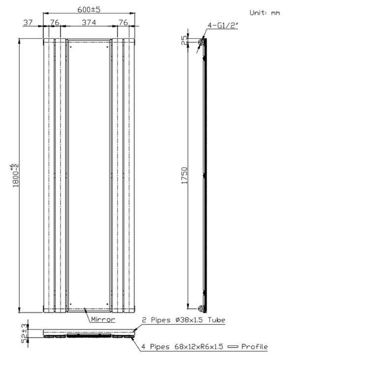 Anthracite Vertical Single Panel Radiator with Mirror 1800 x 600mm - Tanami