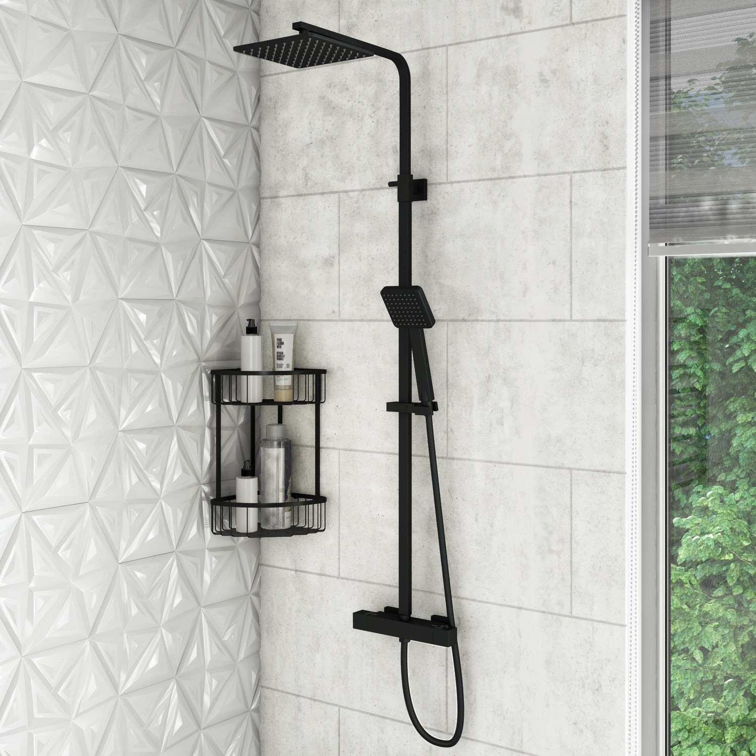 Black Square Thermostatic Mixer Shower Set with Exposed Valve - Zana