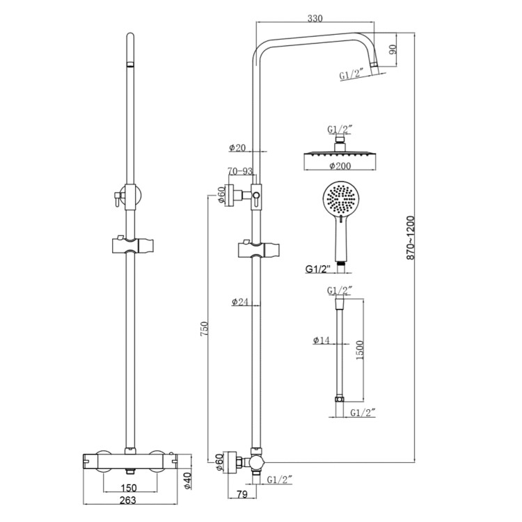 Black Thermostatic Mixer Bar Shower with Round Overhead & Handset - Arissa