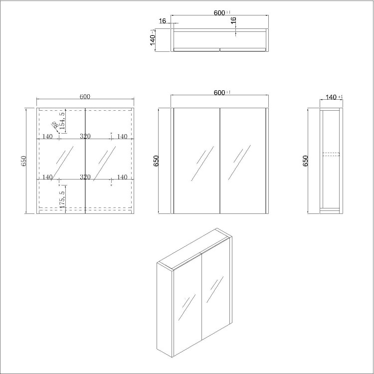 White 2 Door Mirrored Bathroom Cabinet 600 x 650mm - Ashford