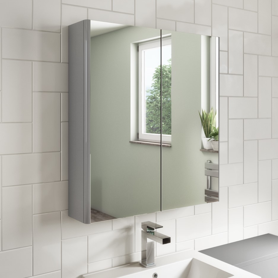 Grey Mirrored Double Door Bathroom Wall 600 x 650mm Ashford
