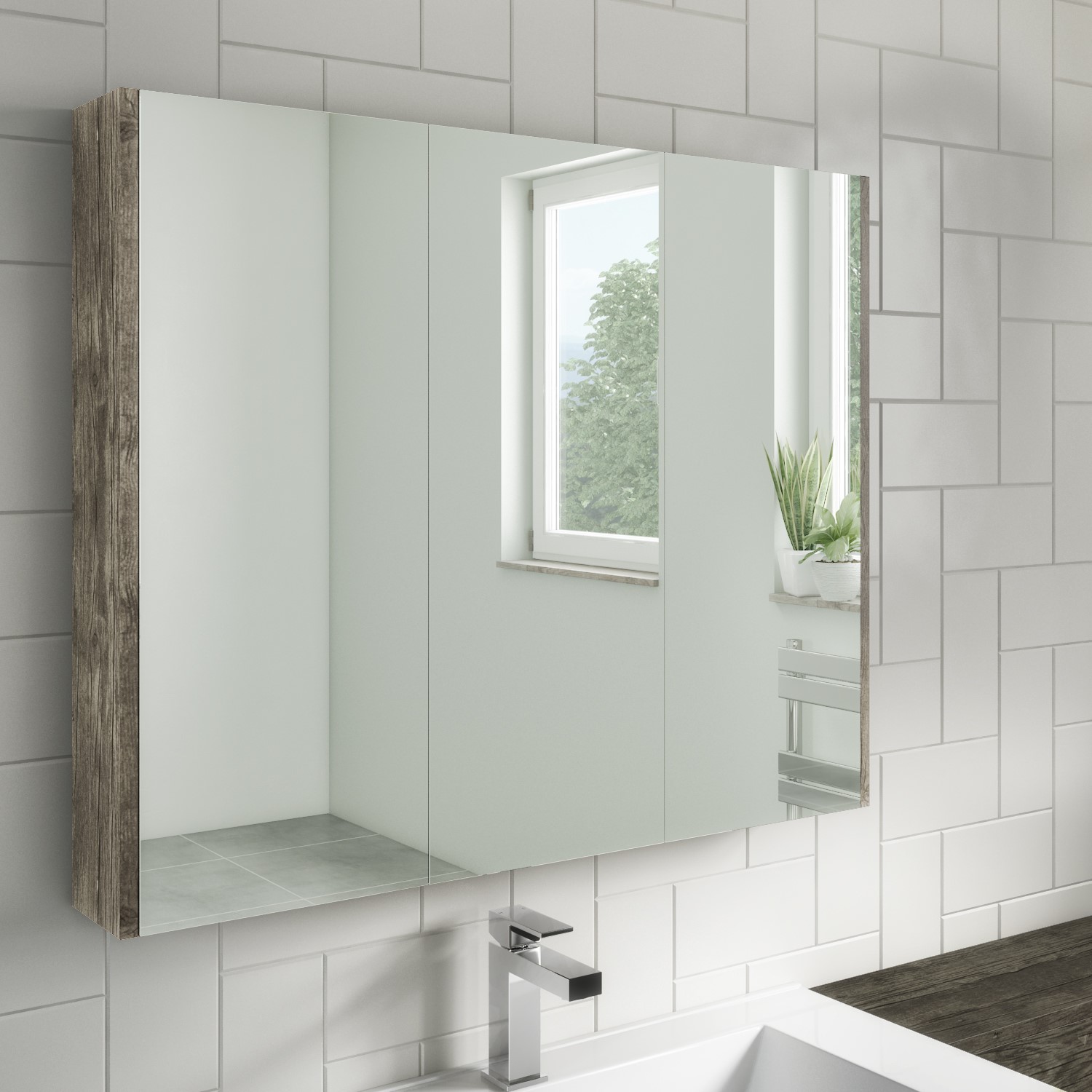 Wood Effect Mirrored Wall Bathroom Cabinet 800 x 650mm - Ashford