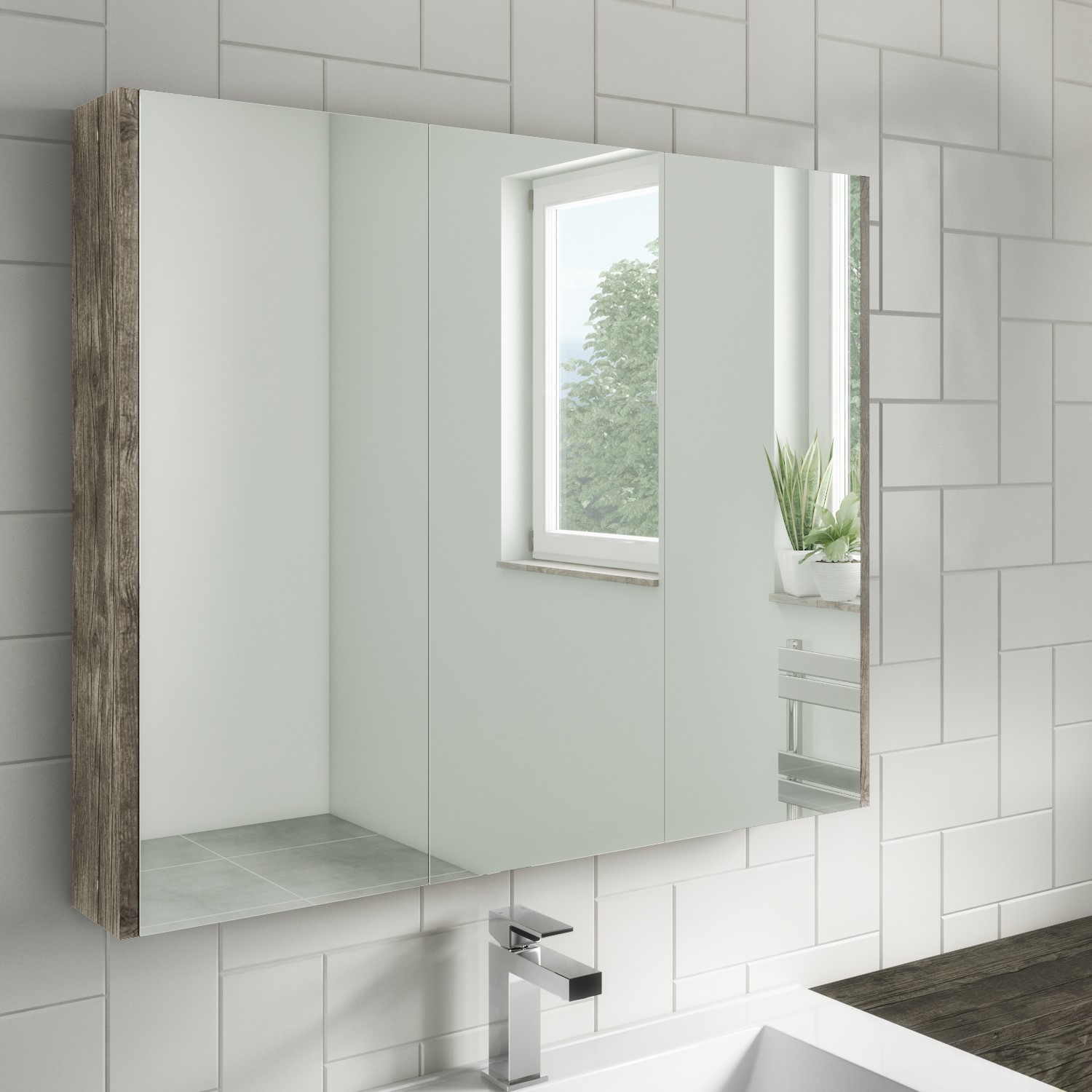 Wood Effect Mirrored Wall Bathroom Cabinet 800 x 650mm - Ashford