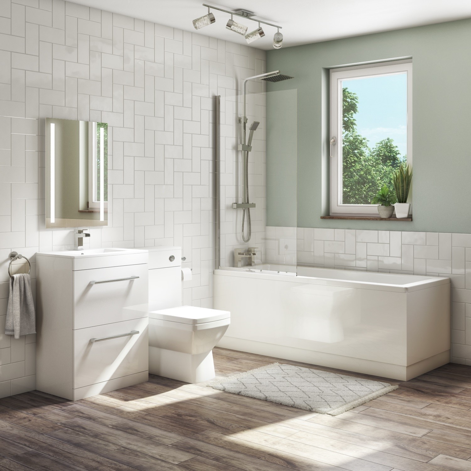 1700mm Straight Bath Suite with Front Panel Toilet & Basin Vanity Combination Unit - Ashford