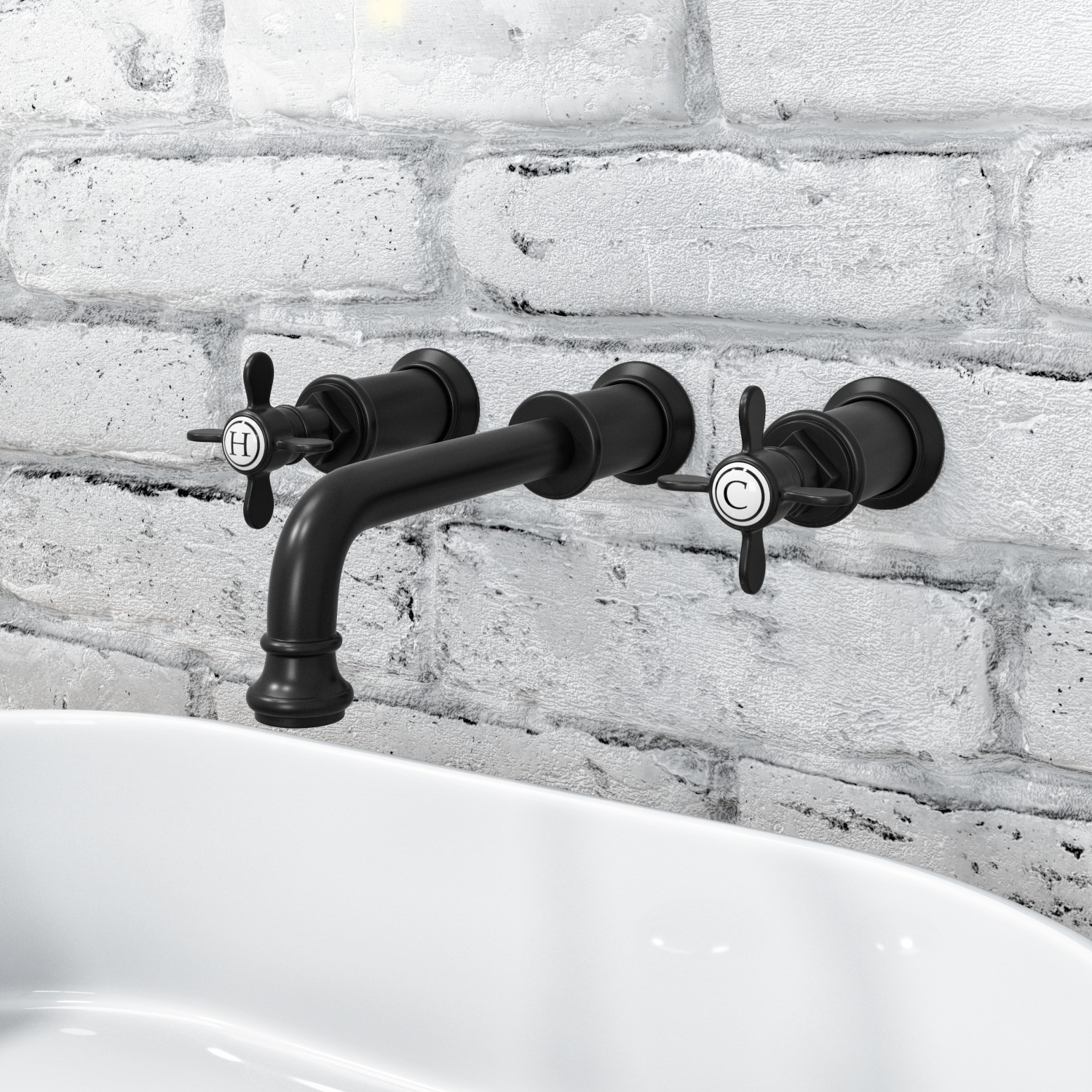 Wall Mounted Black Double Lever Basin Mixer Tap - Camden