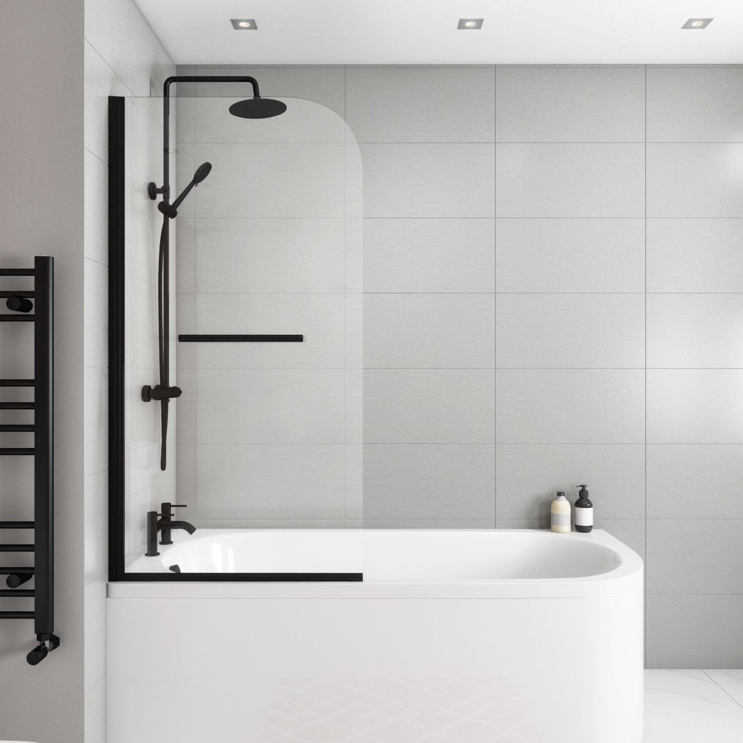 Black Bath Shower Screen with Towel Rail 1450mm Saturn BeBa_26027