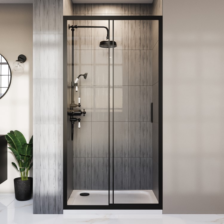 ONLY OPENED - Black Sliding Shower Door 1000mm 8mm Glass - Pavo