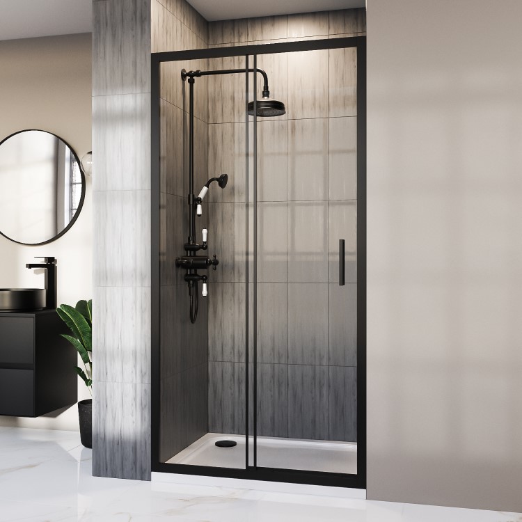 ONLY OPENED - Black Sliding Shower Door 1000mm 8mm Glass - Pavo