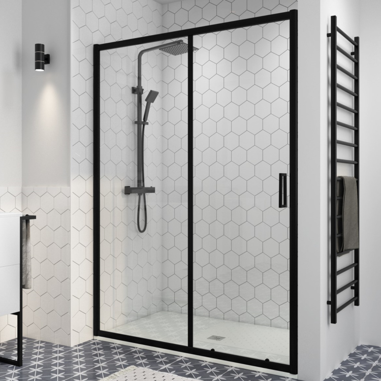 ONLY OPENED - Black Sliding Shower Door 1200mm 8mm Glass - Pavo