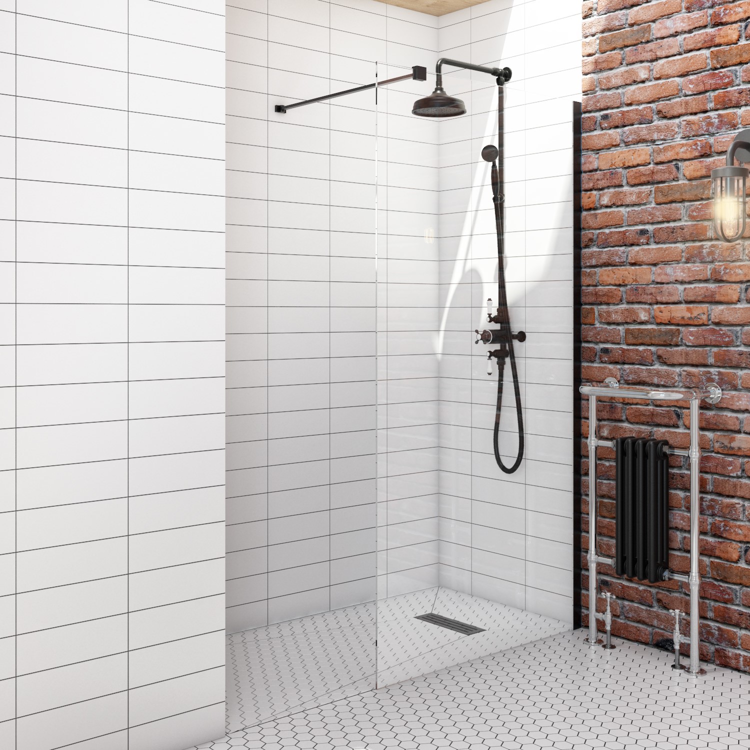 Black 800mm Wet Room Shower Screen with Wall Support Bar - Corvus