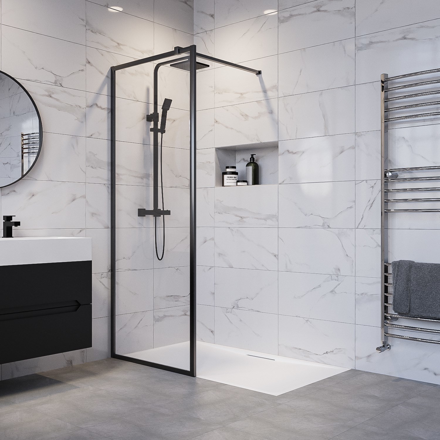 Black 800mm Framed Wet Room Shower Screen with Wall Support Bar - Zolla