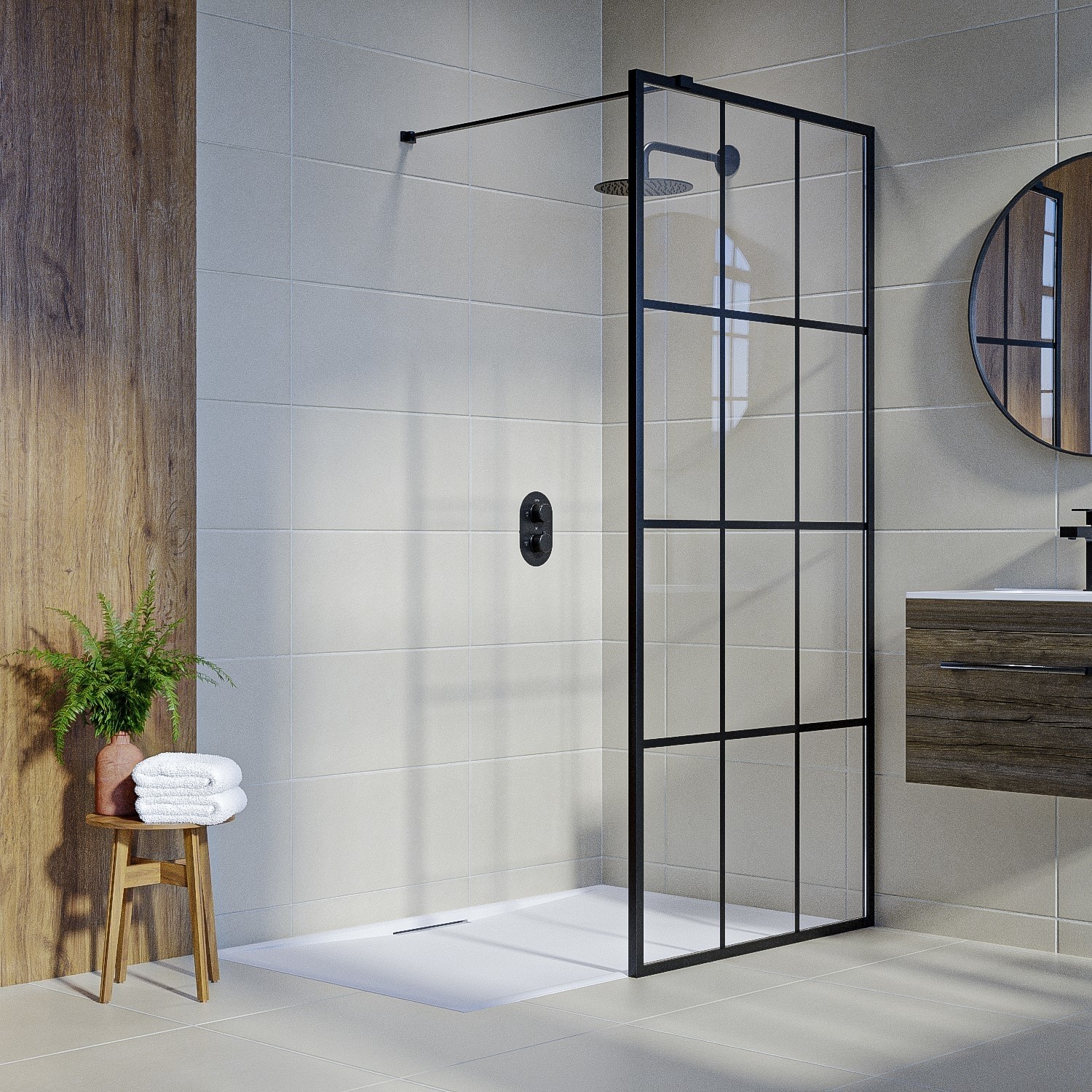 Black 800mm Grid Wet Room Shower Screen with Wall Support Bar - Nova