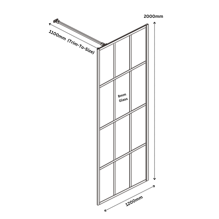 1200mm Black Grid Shower Screen for Wetroom & Walk In Shower - Nova