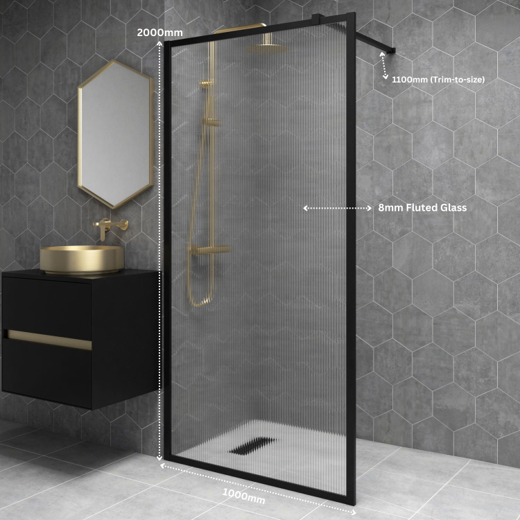 1000mm Black Fluted Glass Wet Room Shower Screen - Volan