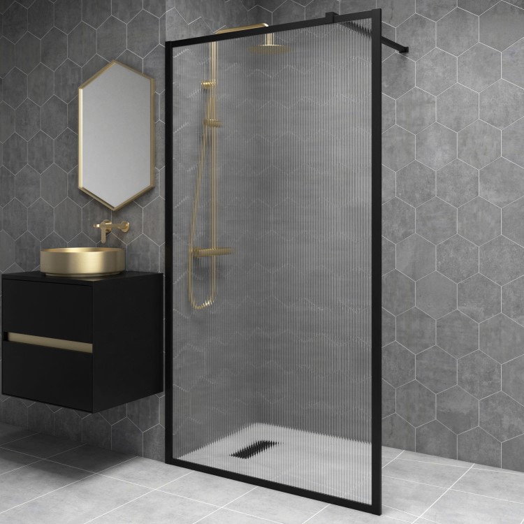 GRADE A2 - 1100mm Black Fluted Glass Wet Room Shower Screen - Volan