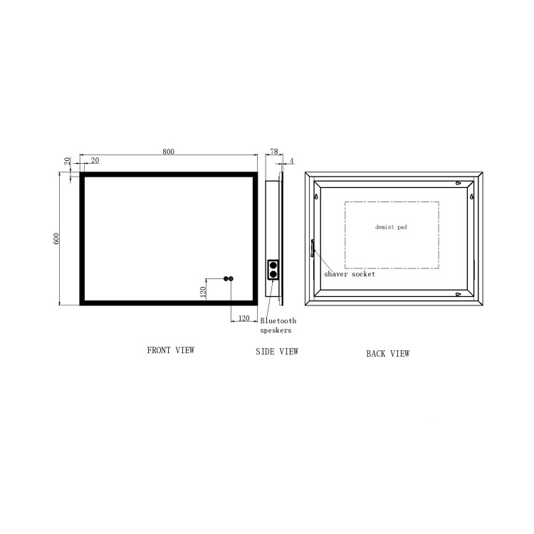 Rectangular LED Bathroom Mirror with Bluetooth & Shaver Socket 800 x 600mm - Divine