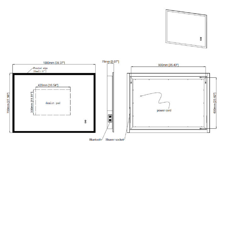 Rectangular LED Bathroom Mirror with Bluetooth & Shaver Socket 1000 x 700mm - Divine