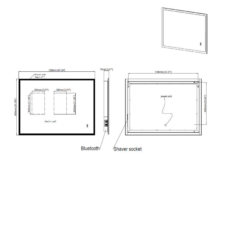 GRADE A2 - Rectangular LED Bathroom Mirror with Bluetooth & Shaver Socket 1200 x 800mm - Divine
