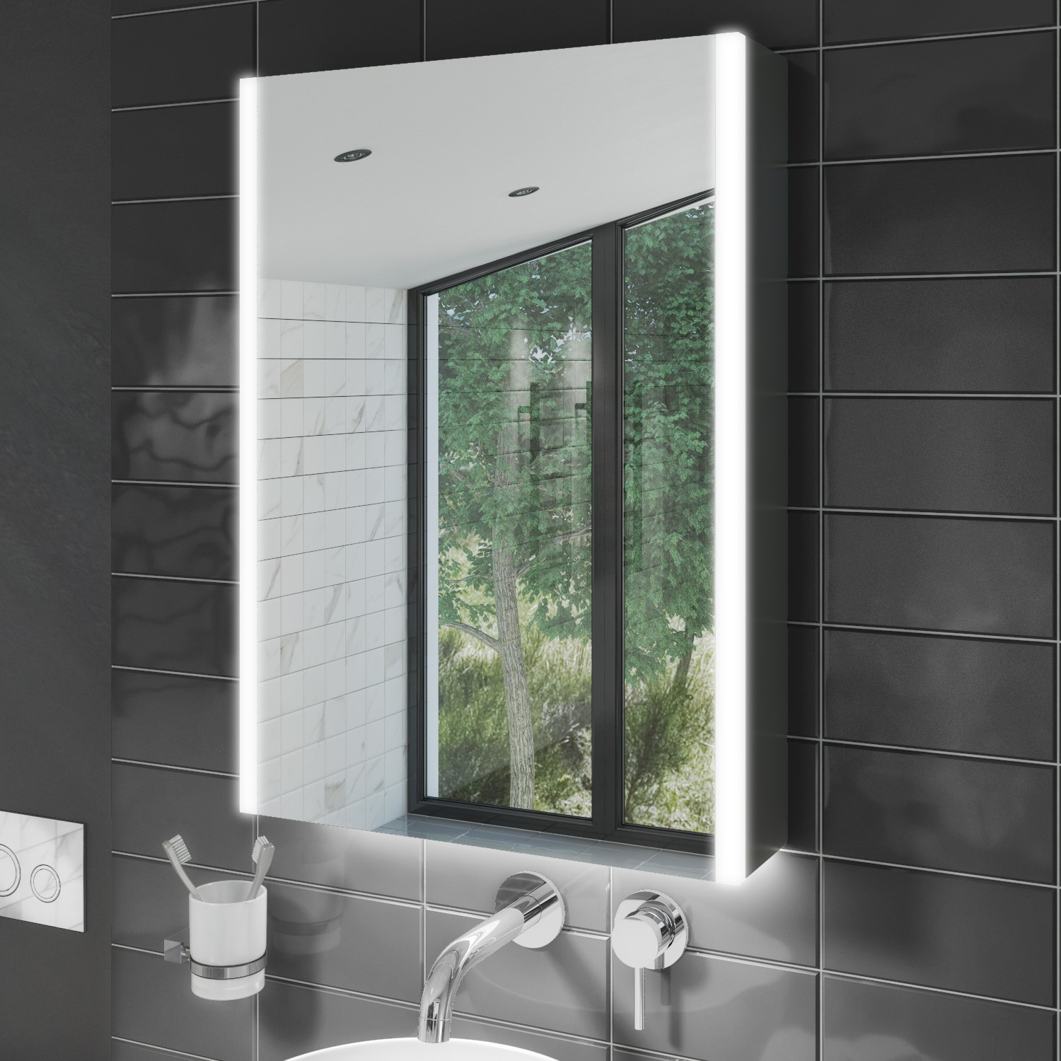 Chrome Mirrored Wall Bathroom Cabinet with Lights and Shaver Socket 500 x 700mm - Mizar