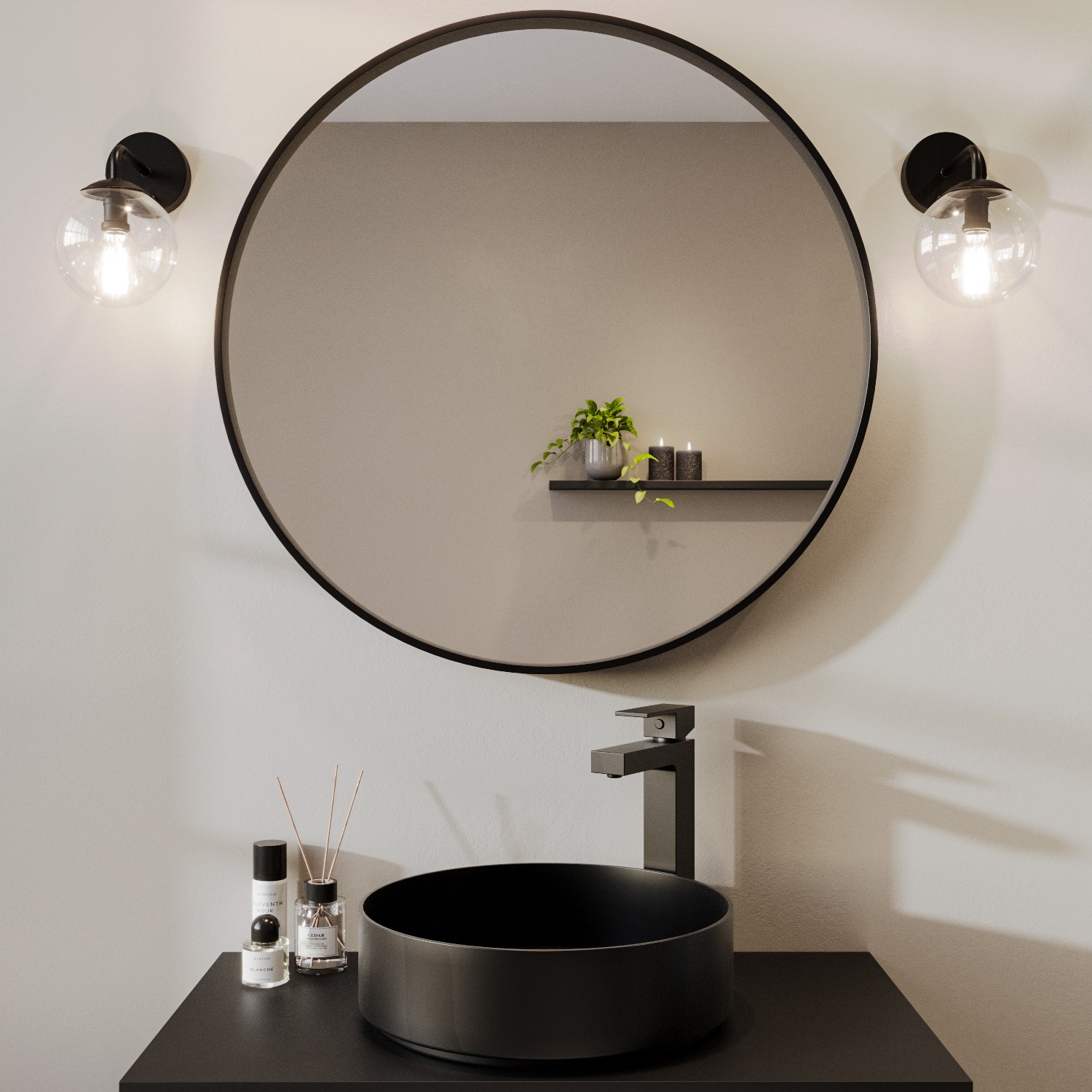 Round Black Bathroom Mirror 600mm - Alcor