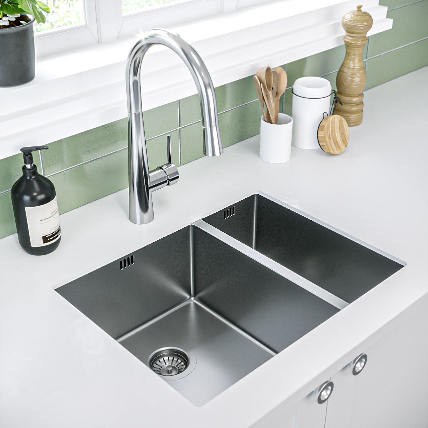 1.5 Bowl Chrome Stainless Steel Kitchen Sink - Enza Yara