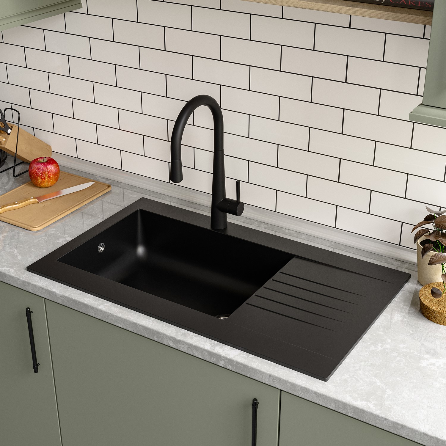 Essence Black Single Bowl Inset Composite Kitchen Sink With Reversible Drainer - Amelia Size 86