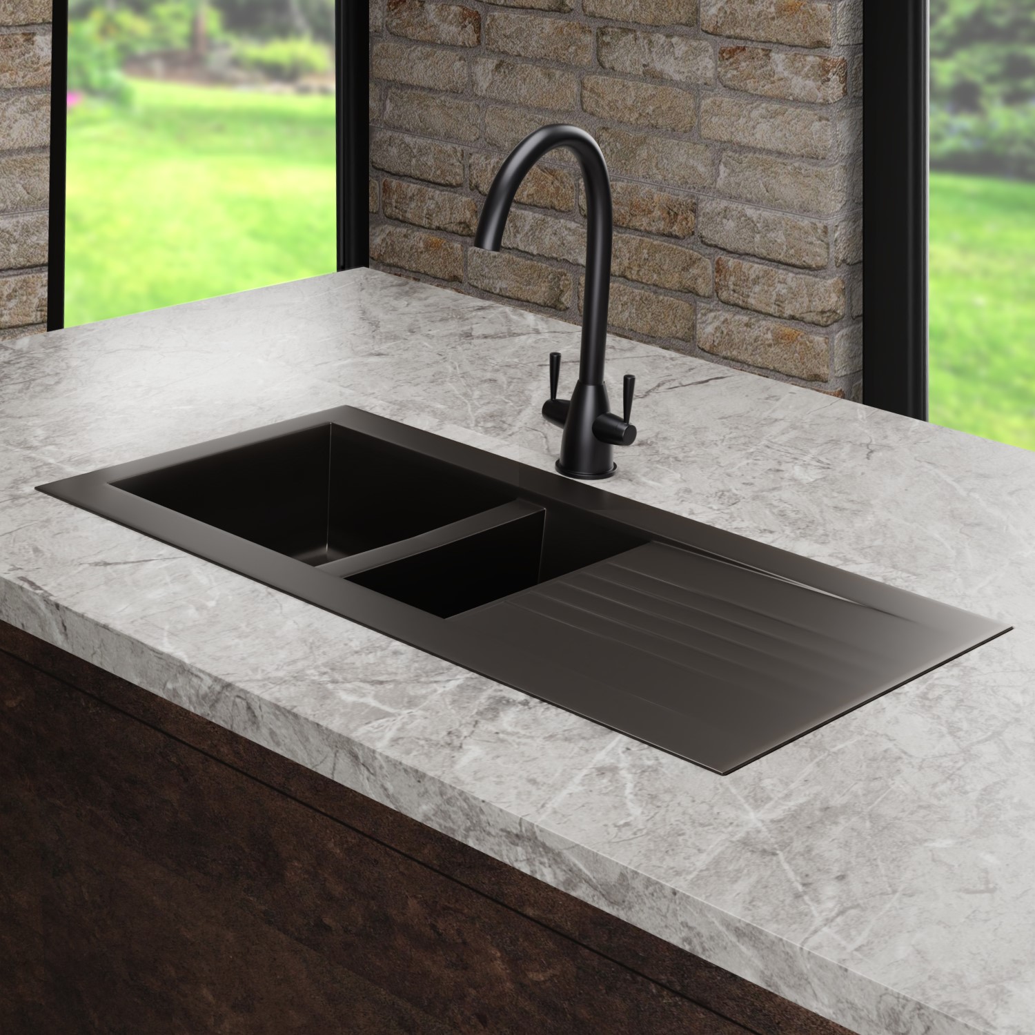 1.5 Bowl Undermount Black Kitchen Sink with Reversible Drainer - Essence Amelia