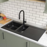 1.5 Bowl Black Composite Kitchen Sink with Reversible Drainer - Essence Amelia