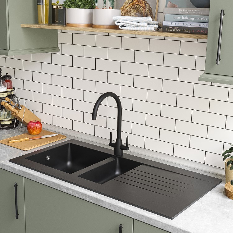 1.5 Bowl Inset Black Composite Kitchen Sink with Reversible Drainer - Essence Amelia