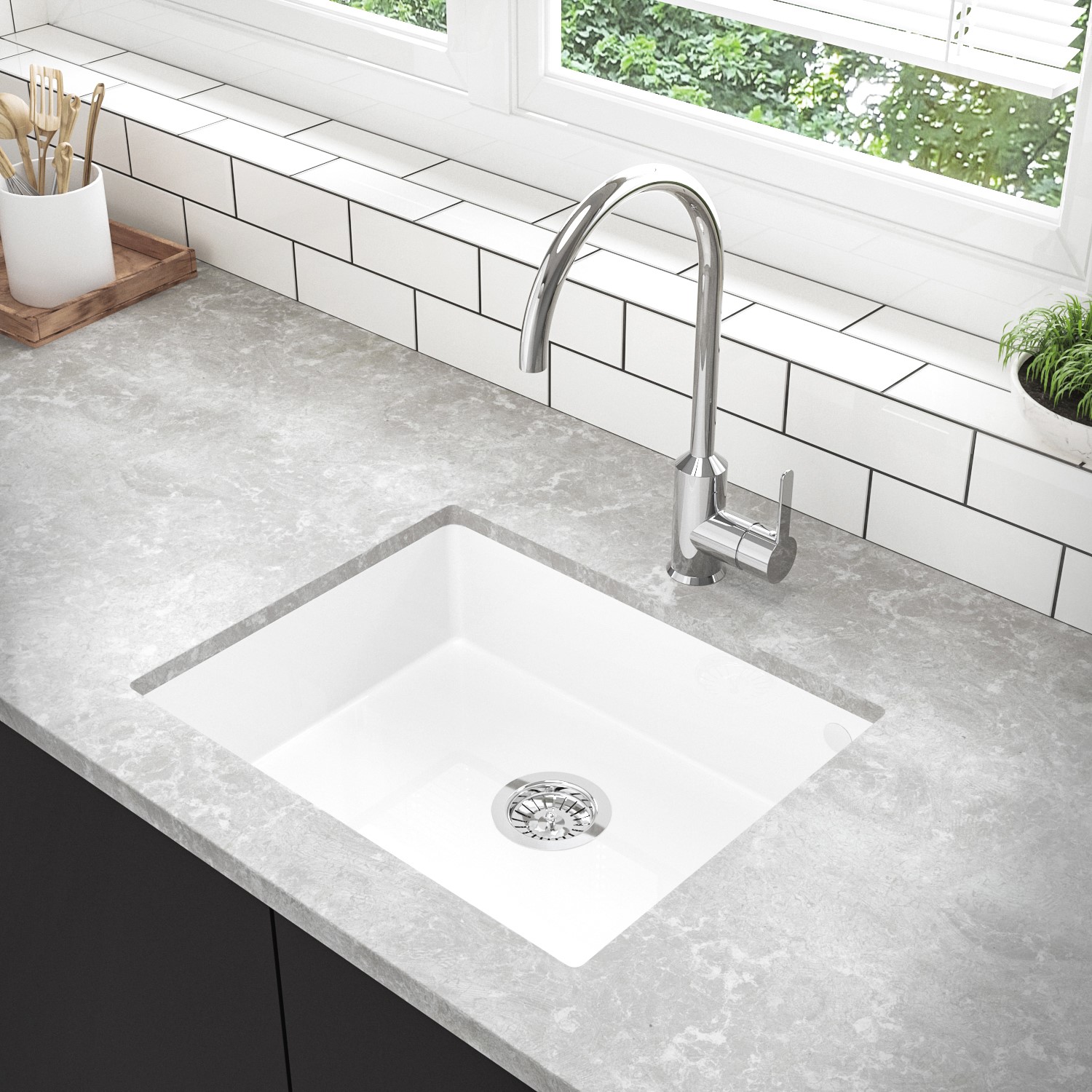 Single Bowl Undermount White Granite Composite Kitchen Sink - Enza Madison