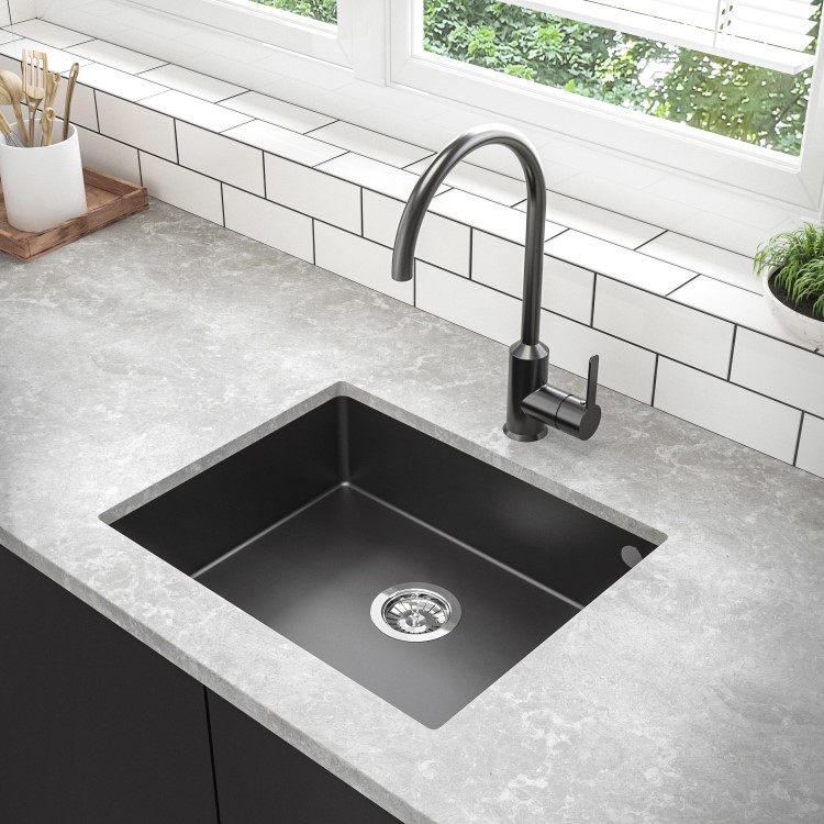 GRADE A2 - Single Bowl Undermount Black Granite Composite Kitchen Sink - Enza Madison