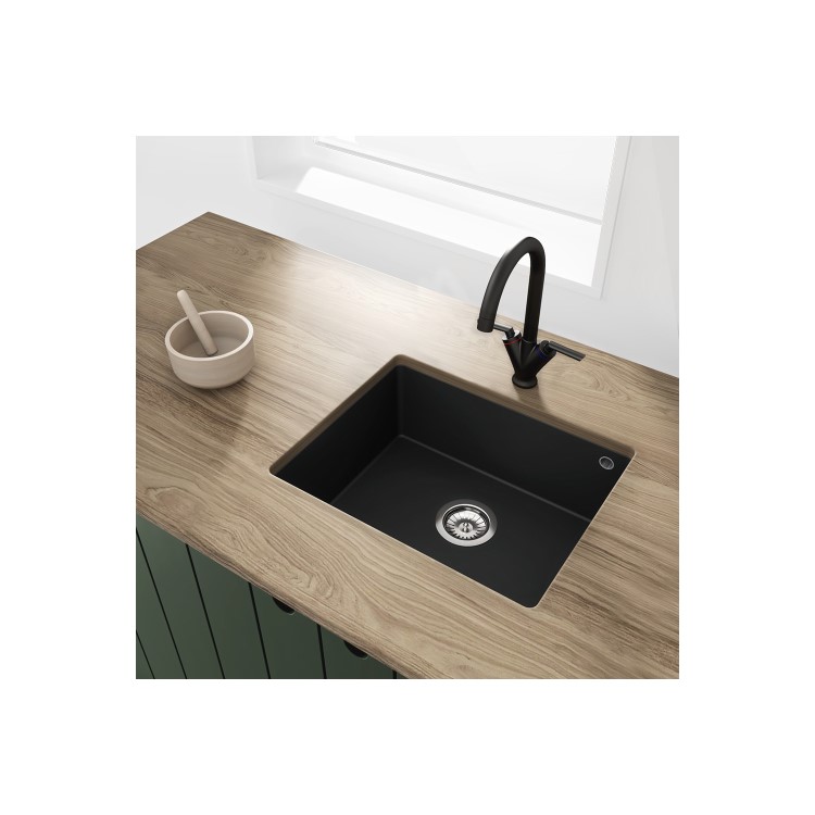 GRADE A2 - Single Bowl Undermount Black Granite Composite Kitchen Sink - Enza Madison