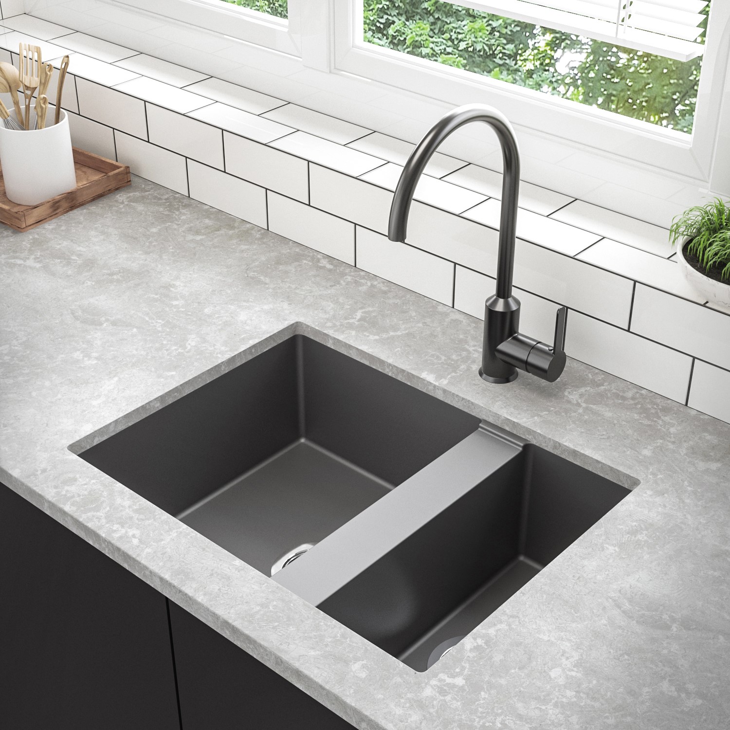 1.5 Bowl Undermount Grey Granite Composite Kitchen Sink Reversible - Enza Madison