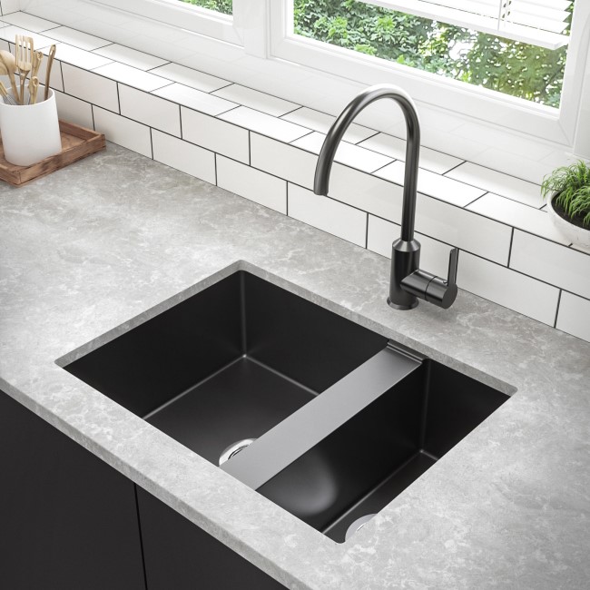 1.5 Bowl Undermount Black Granite Composite Kitchen Sink Reversible - Enza Madison