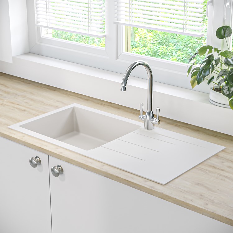GRADE A1 - Single Bowl Inset White Granite Composite Kitchen Sink - Enza Madison