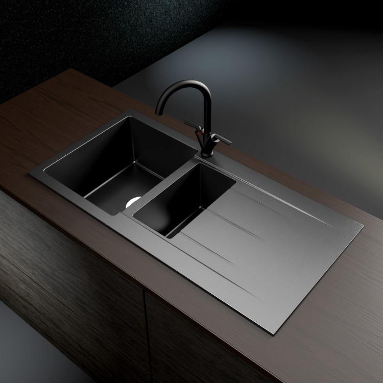 GRADE A2 - 1.5 Bowl Inset Grey Granite Composite Kitchen Sink - Enza Madison