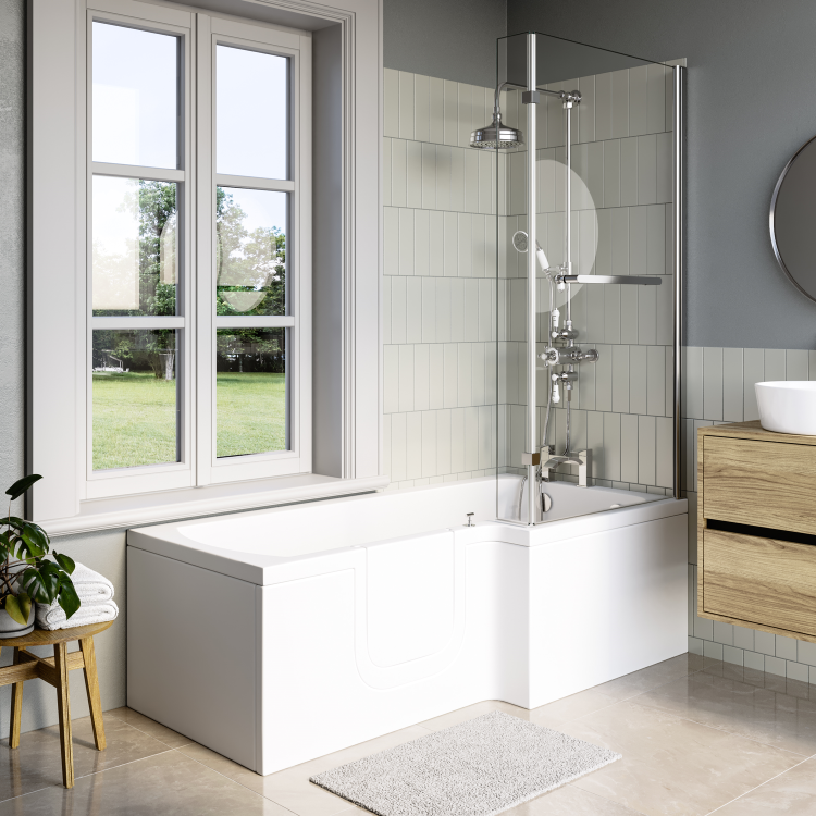 L Shaped Shower Bath with Front Panel & Bath Screen, Left Hand 1700 x 750mm - Yale