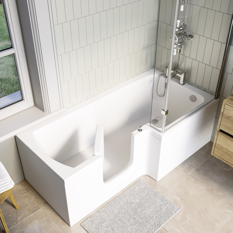 L Shaped Shower Bath with Front Panel & Bath Screen, Left Hand 1700 x 750mm - Yale