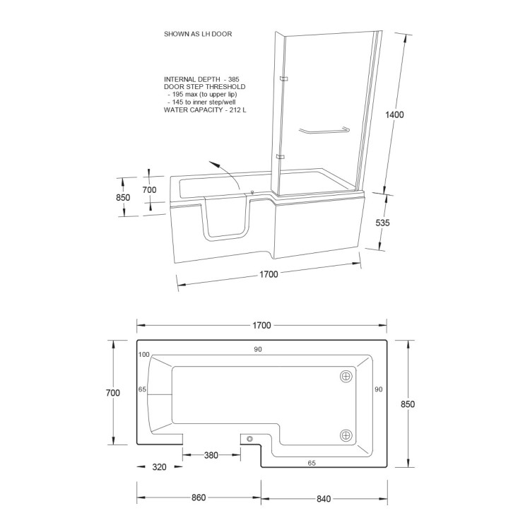 L Shaped Shower Bath with Front Panel & Bath Screen, Left Hand 1700 x 750mm - Yale