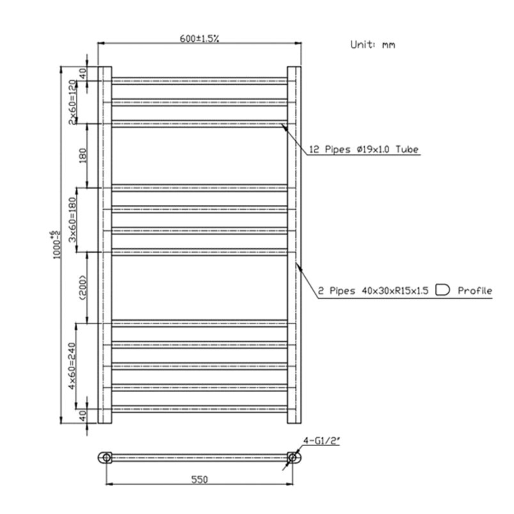 GRADE A1 - Sahara Anthracite Heated Towel Rail - 1000 x 600mm