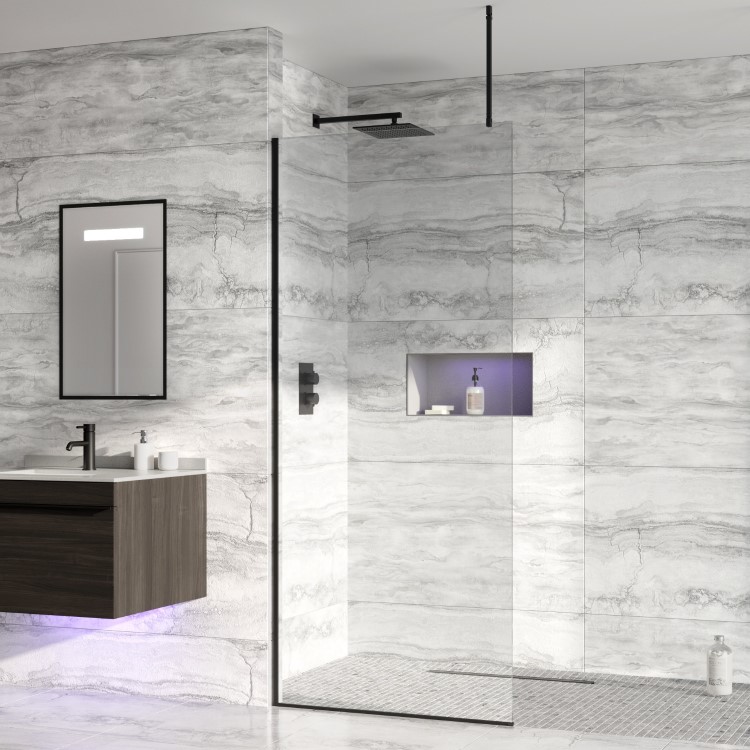 Frameless 700mm Black Wet Room Shower Screen with Ceiling Support Bar - Live Your Colour