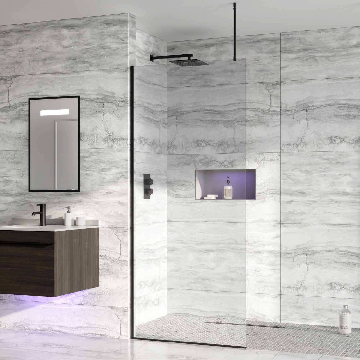 Black 700mm Wet Room Shower Screen with Ceiling Support Bar - Live Your Colour
