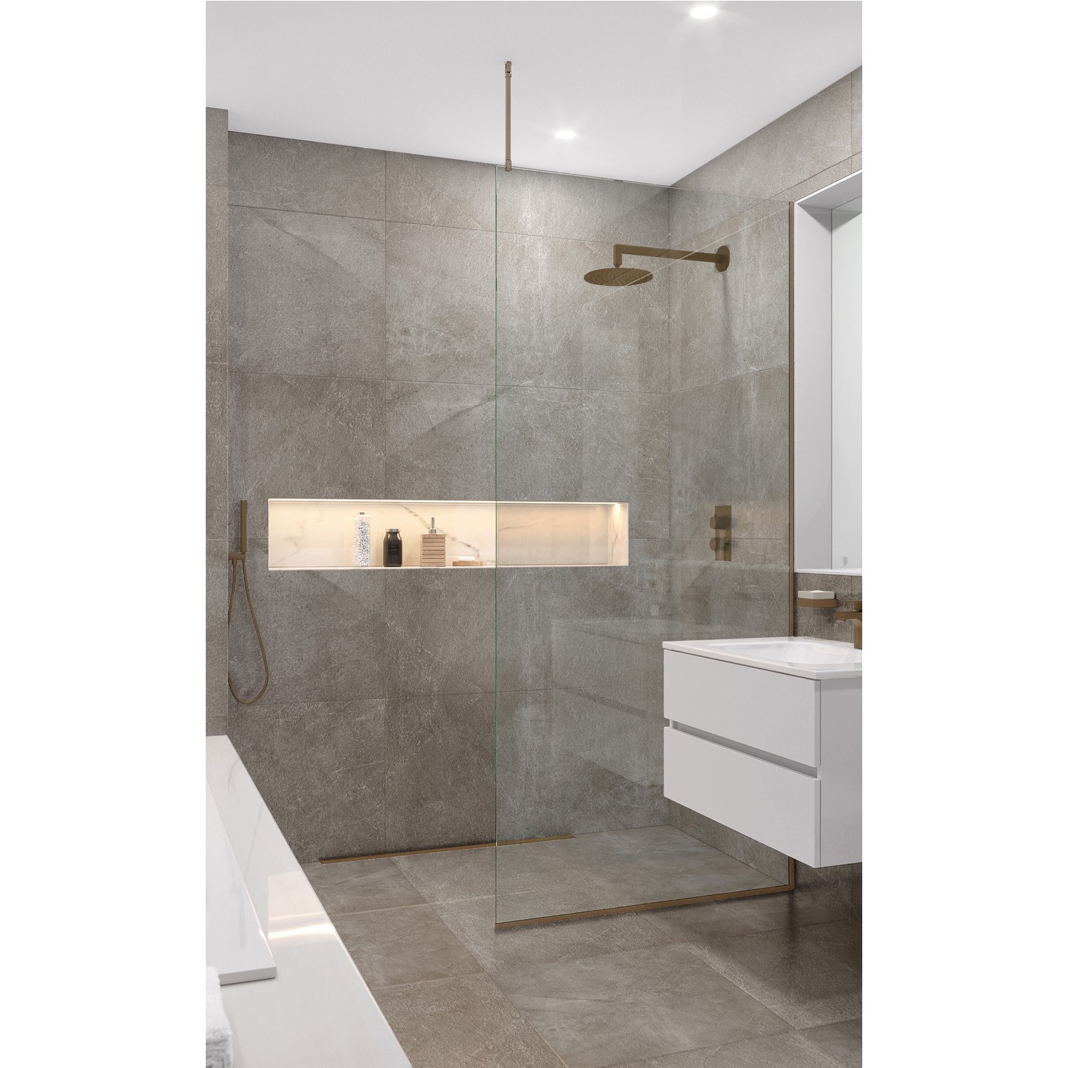 Wet Room Shower Screen with Ceiling Support Bar 745mm Bronze - Live Your Colour