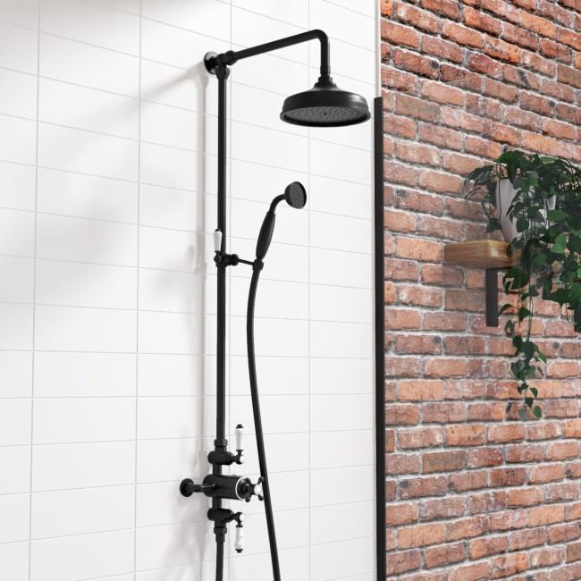 GRADE A1 - Black Traditional Thermostatic Shower with Round Overhead & Handset - Camden