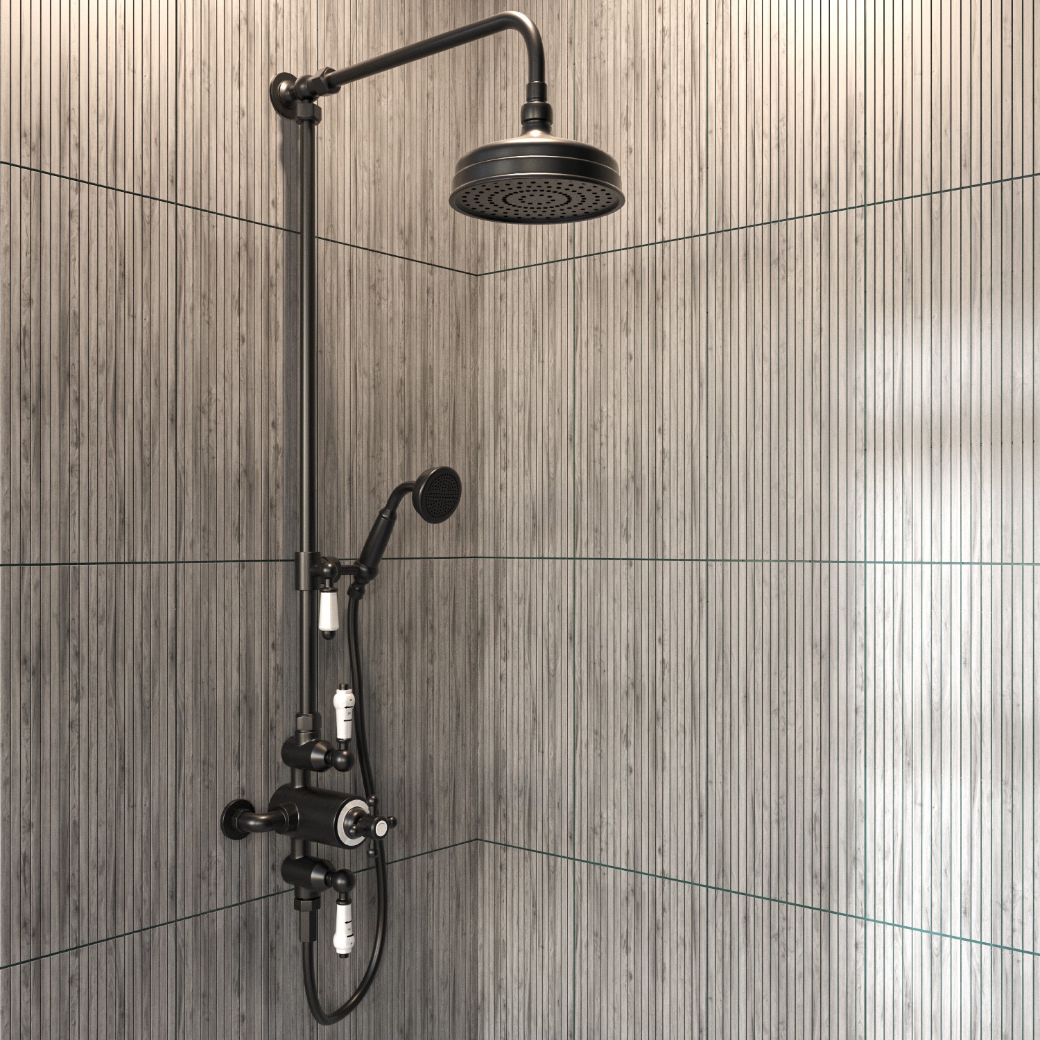 Black Traditional Thermostatic Shower with Round Overhead & Handset - Camden