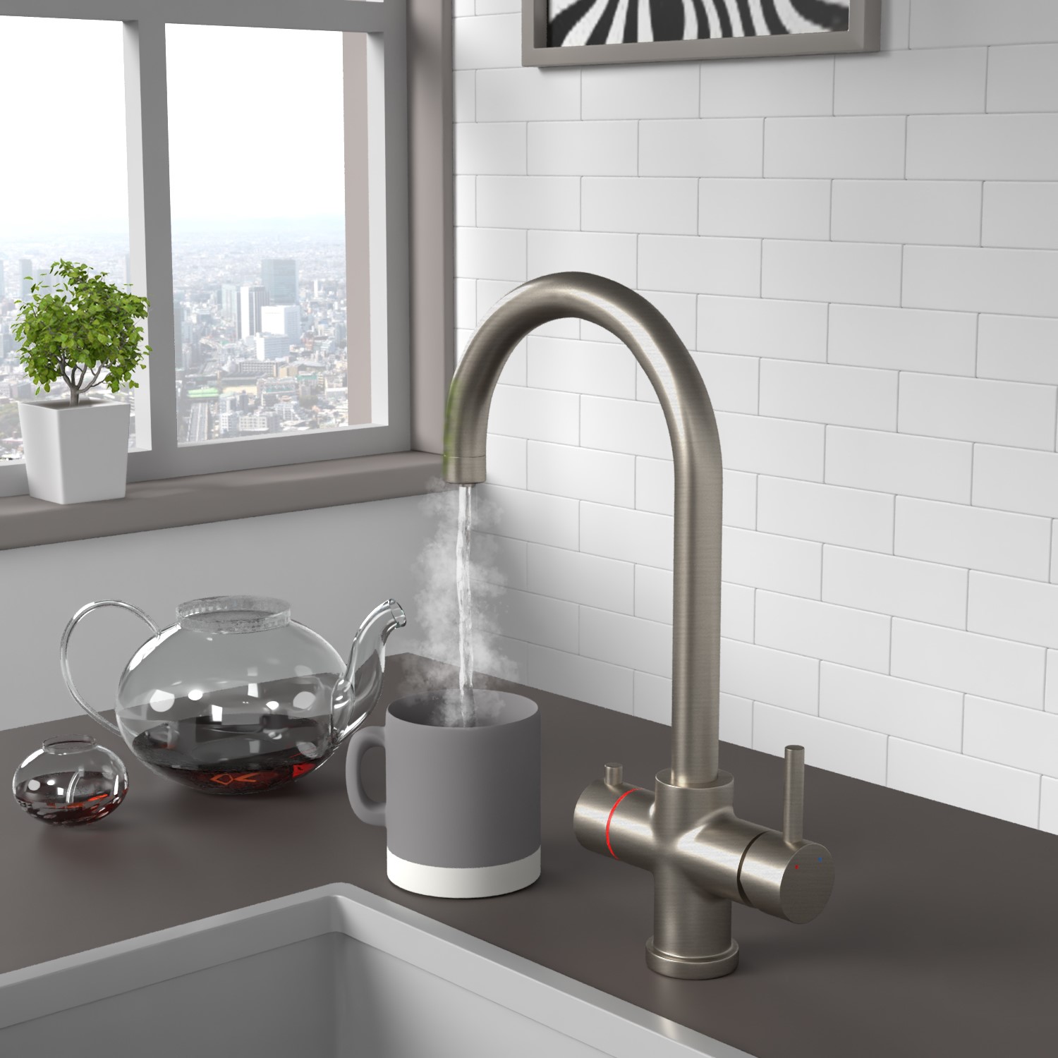 Pronto Instant Boiling Water Tap Twin Lever in Brushed Nickel